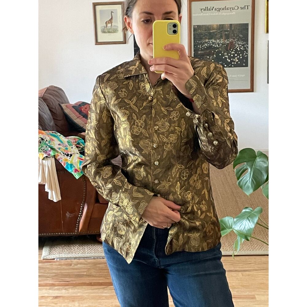 Vintage Metallic Brocade Gold Floral Lame Fitted Blouse
